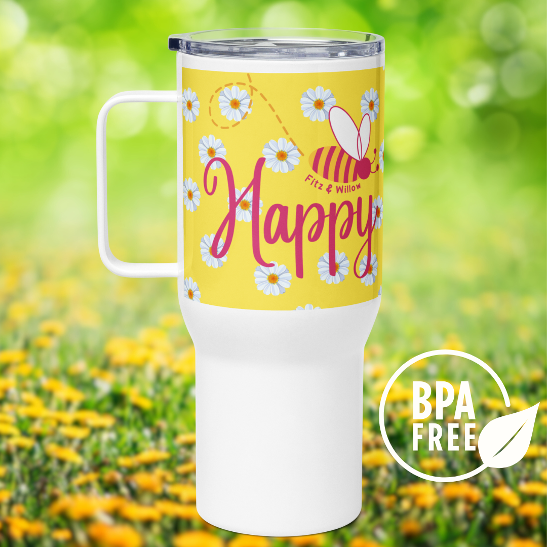 Travel mug with a handle, Be Happy - Fitz & Willow