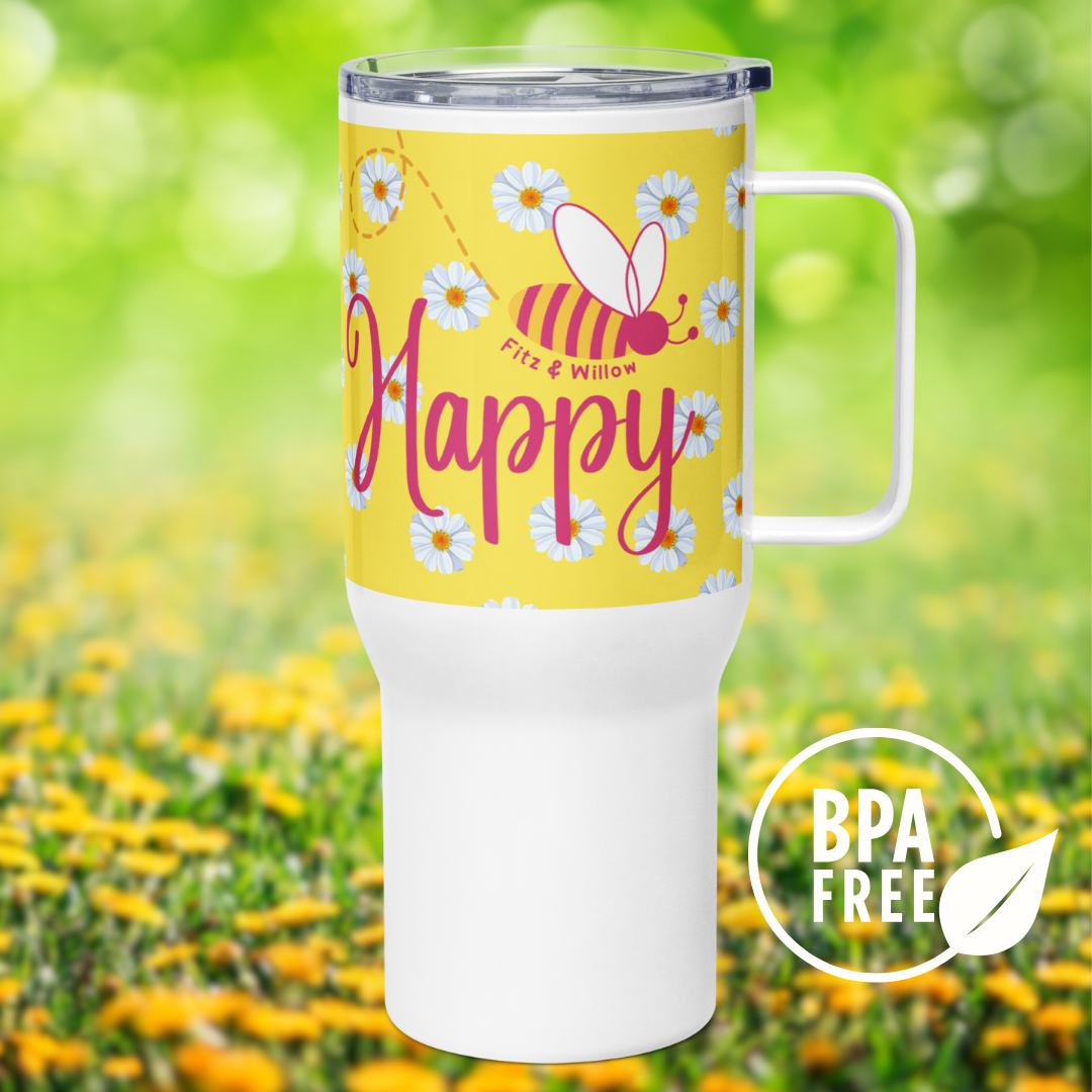 Travel mug with a handle, Be Happy - Fitz & Willow