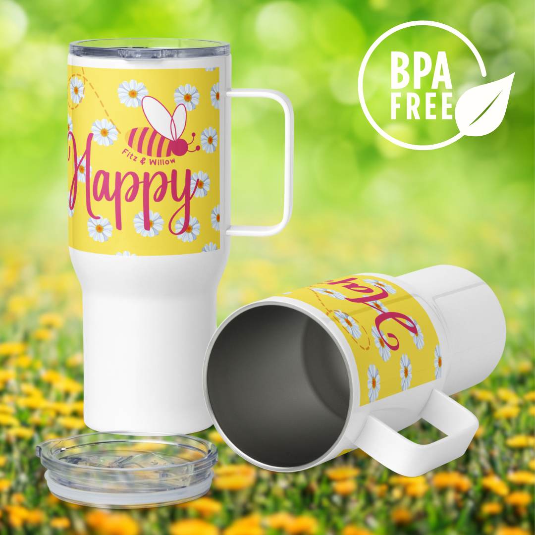 Travel mug with a handle, Be Happy - Fitz & Willow