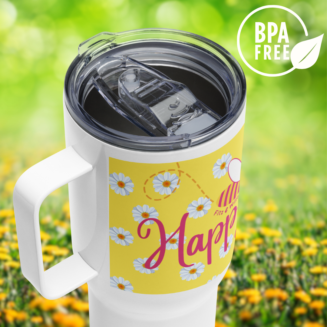 Travel mug with a handle, Be Happy - Fitz & Willow