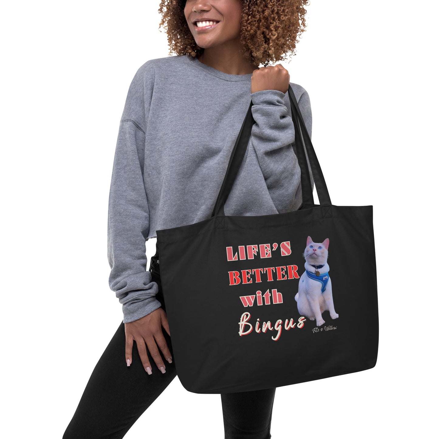 Life is better with Bingus the Siamese cat, Large organic tote bag - Fitz & Willow
