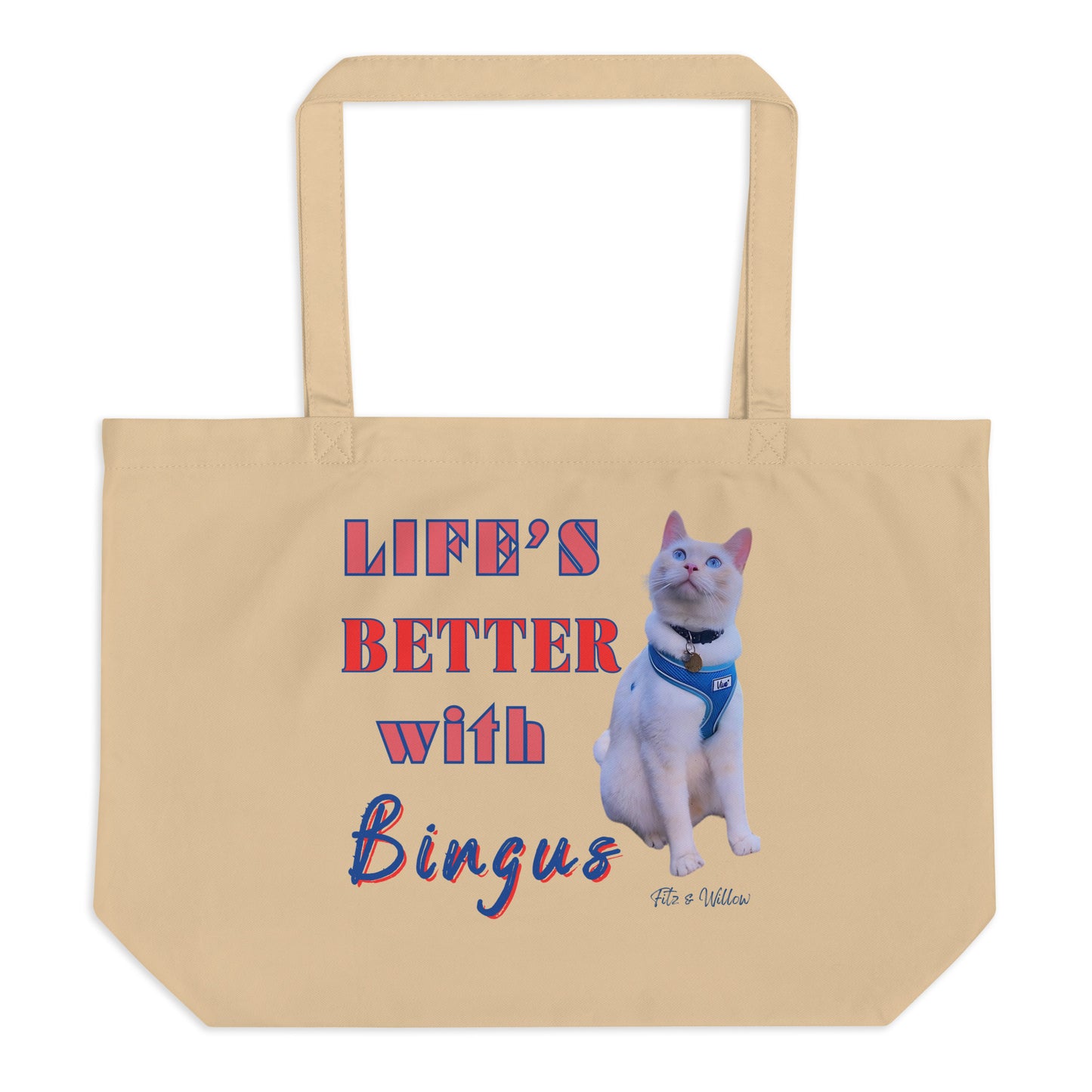 Life is better with Bingus the Siamese cat, Large organic tote bag - Fitz & Willow