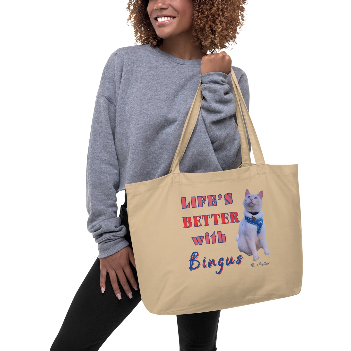 Life is better with Bingus the Siamese cat, Large organic tote bag - Fitz & Willow
