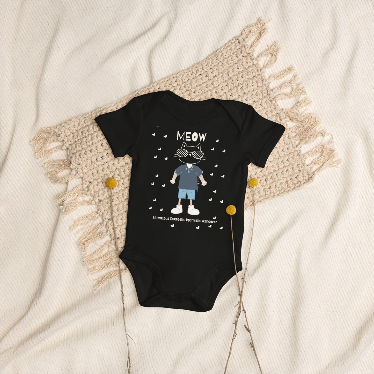 MEOW, Cat themed Organic cotton baby bodysuit - Fitz & Willow