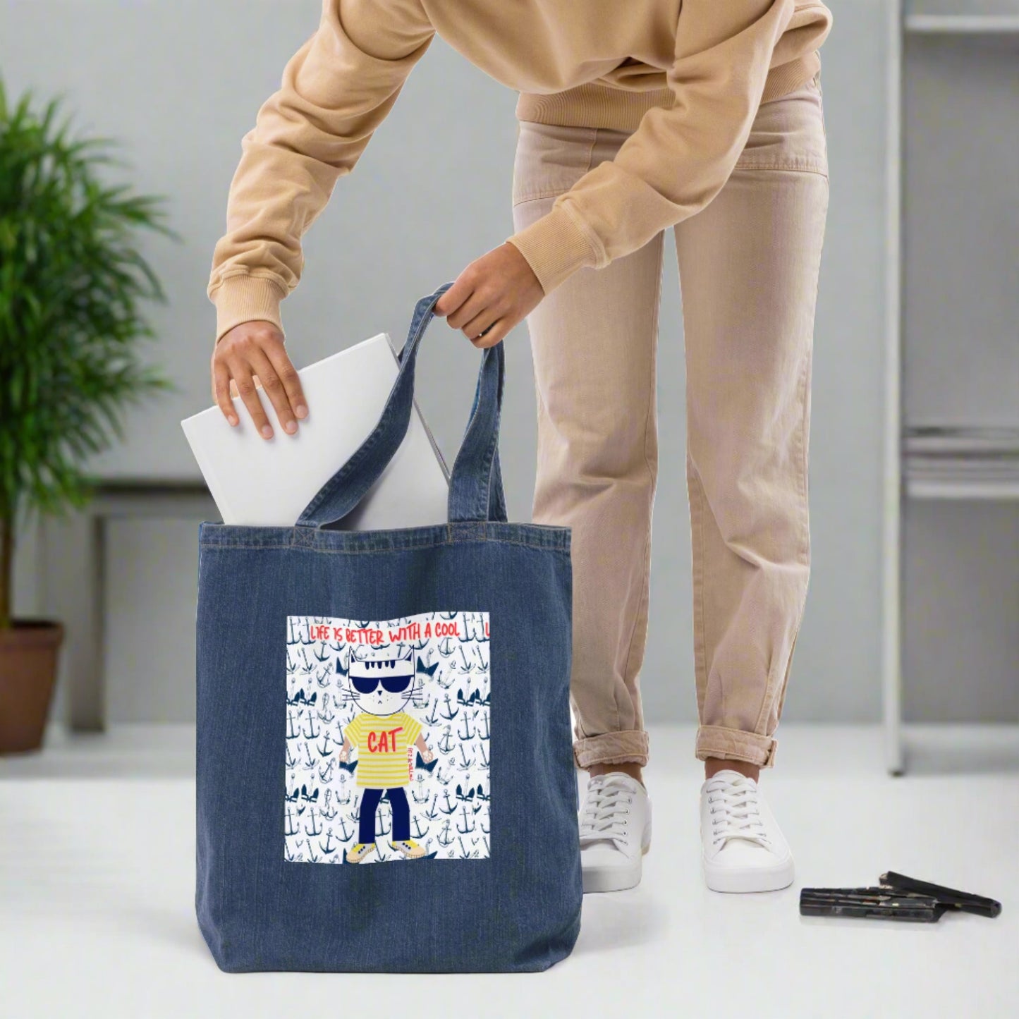 Cool Cat, Organic denim tote bag - Fitz & Willow
