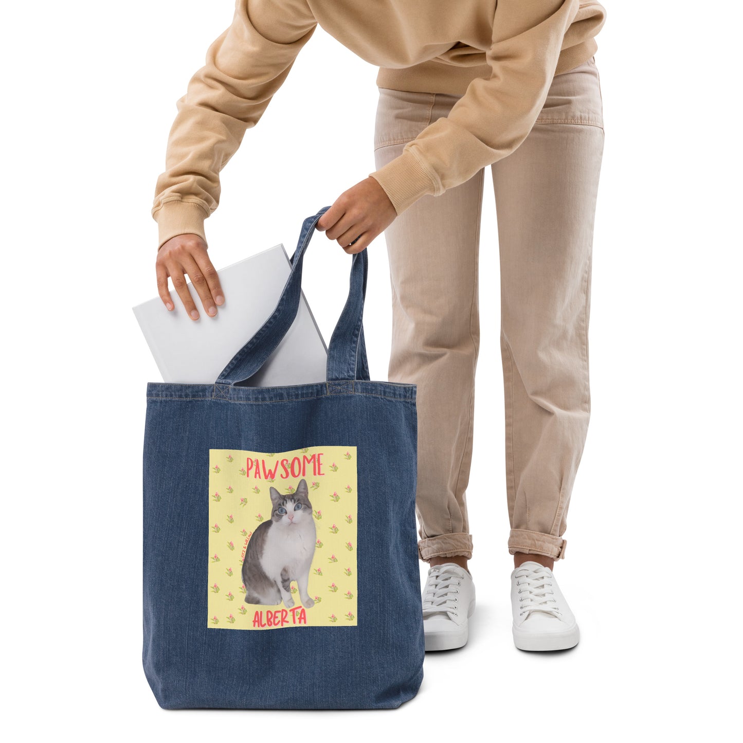 My cat Alberta, Organic denim tote bag - Fitz & Willow