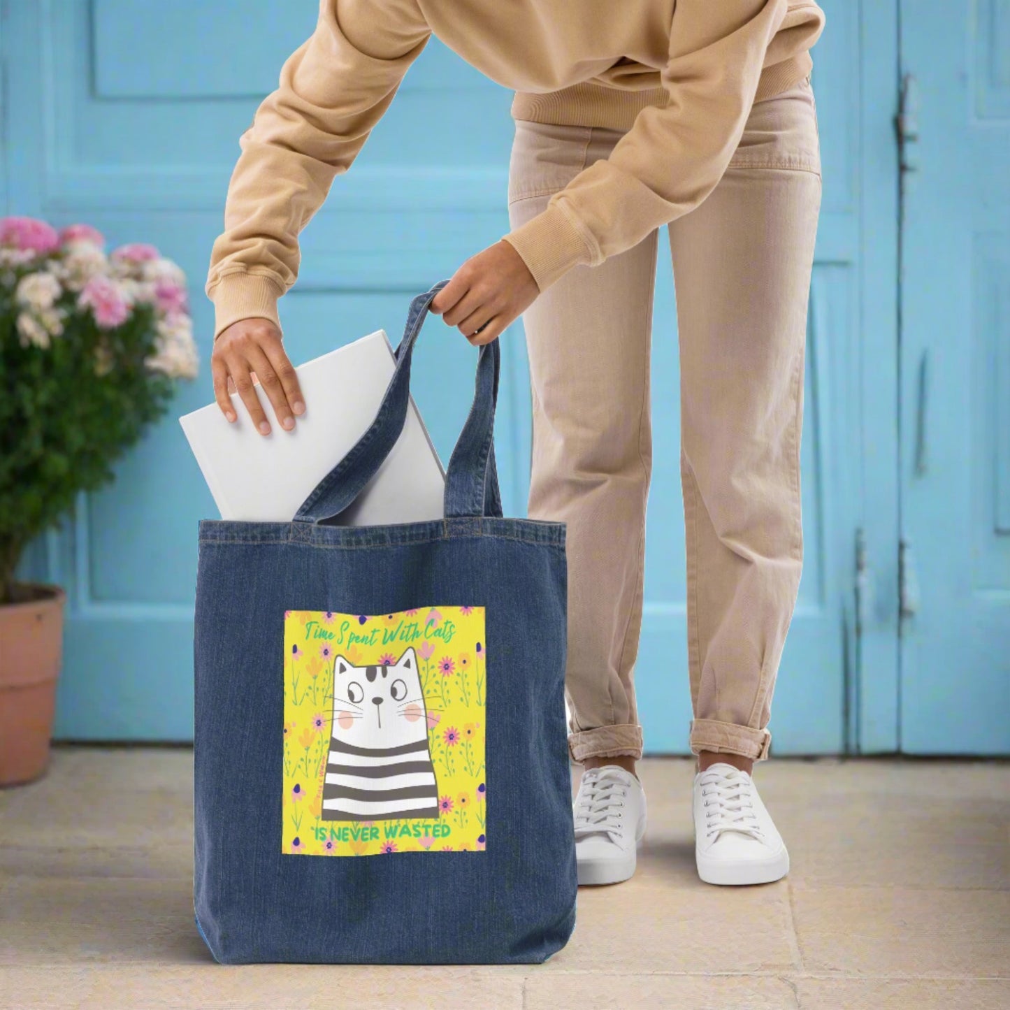 Funny cat, Organic denim tote bag - Fitz & Willow