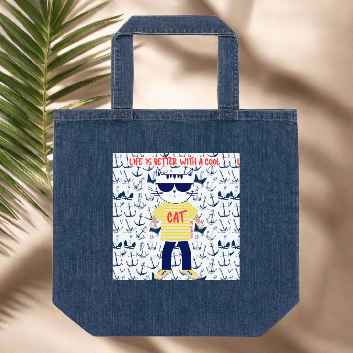 Cool Cat, Organic denim tote bag - Fitz & Willow