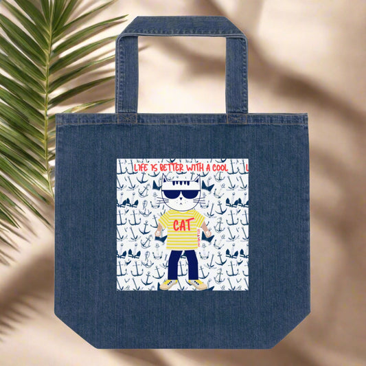 Cool Cat, Organic denim tote bag - Fitz & Willow