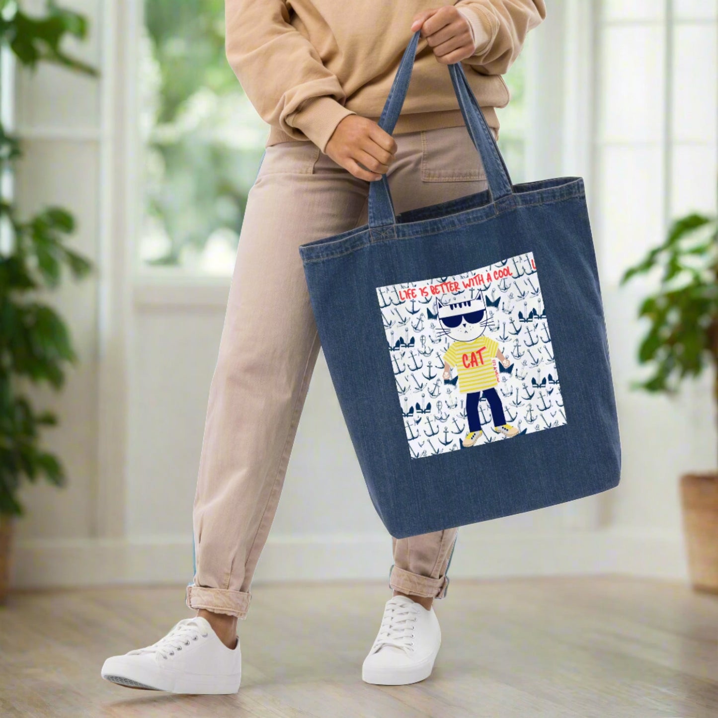 Cool Cat, Organic denim tote bag - Fitz & Willow