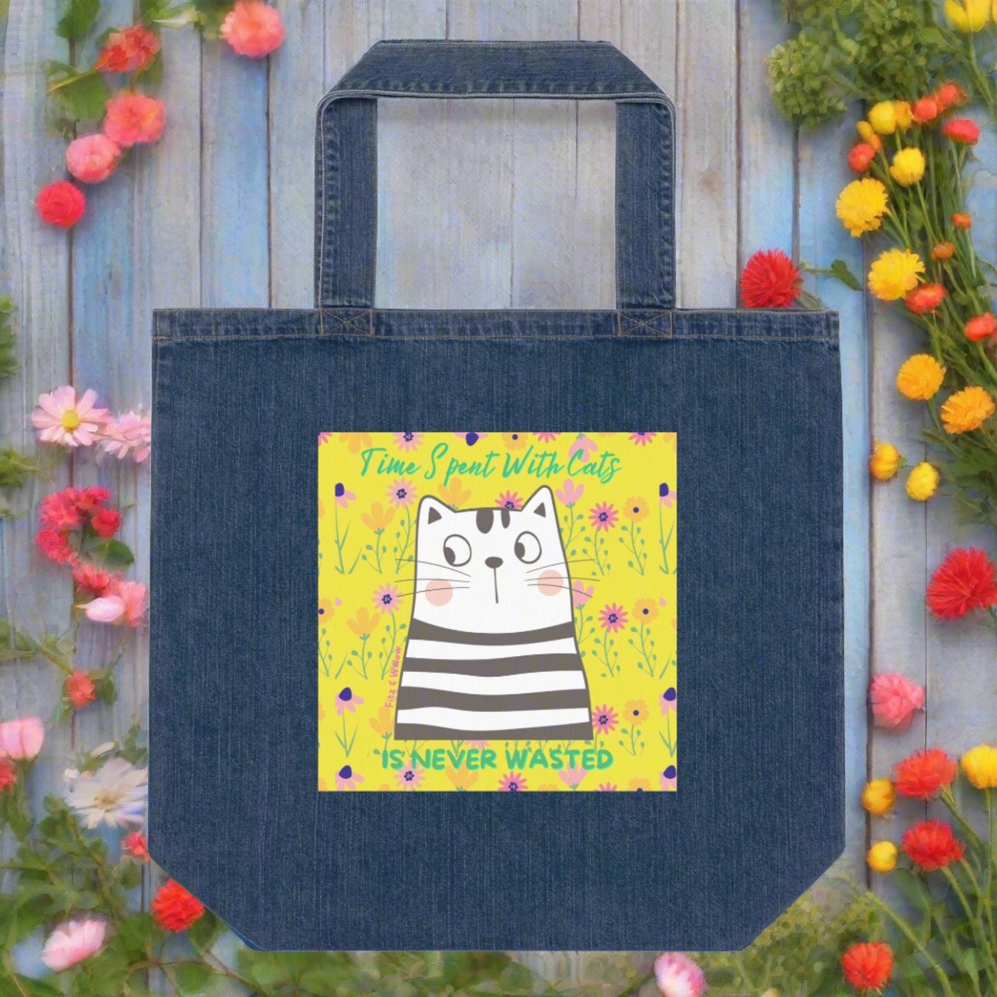 Funny cat, Organic denim tote bag - Fitz & Willow