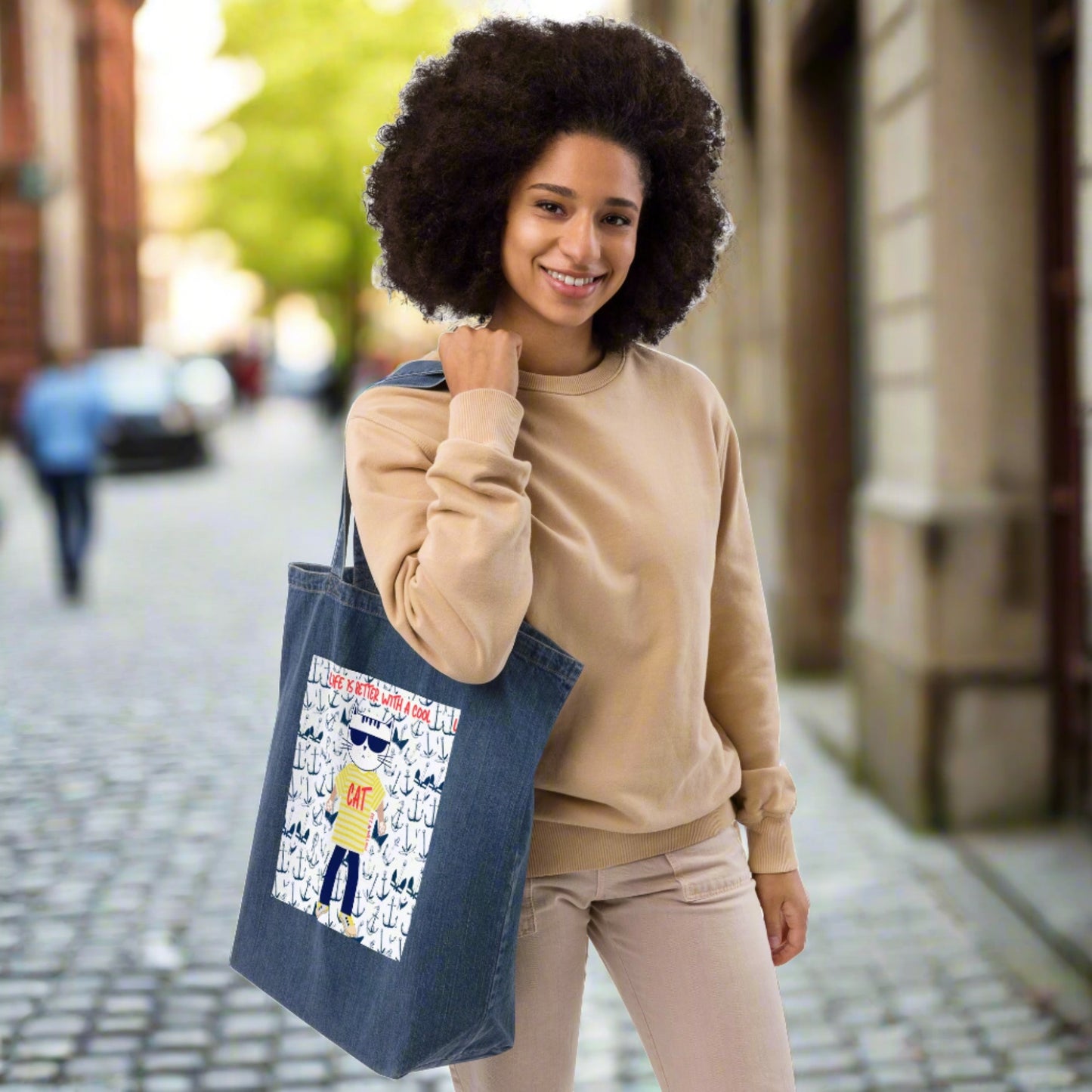 Cool Cat, Organic denim tote bag - Fitz & Willow