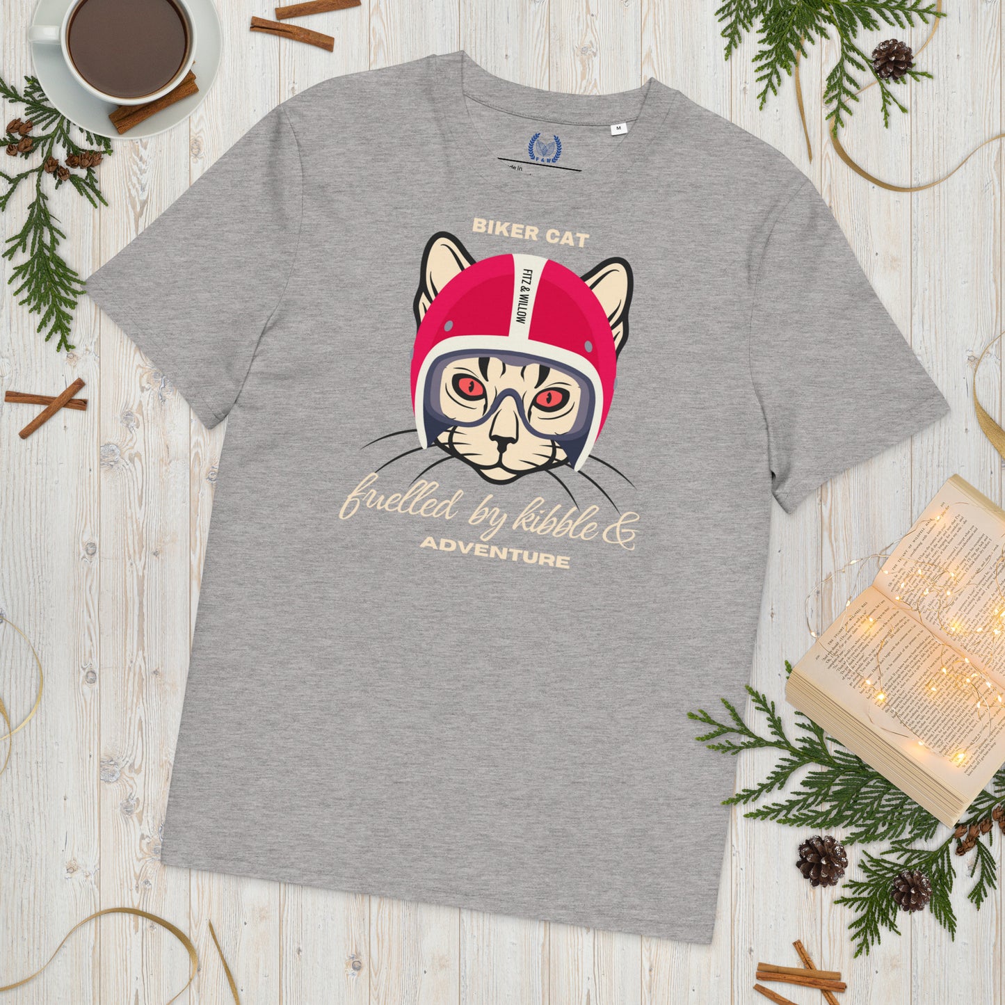 Vegan & Sustainable Cat Themed T-Shirt – Biker Cat Print | Eco-Friendly Cat Lover's Tee - Fitz & Willow