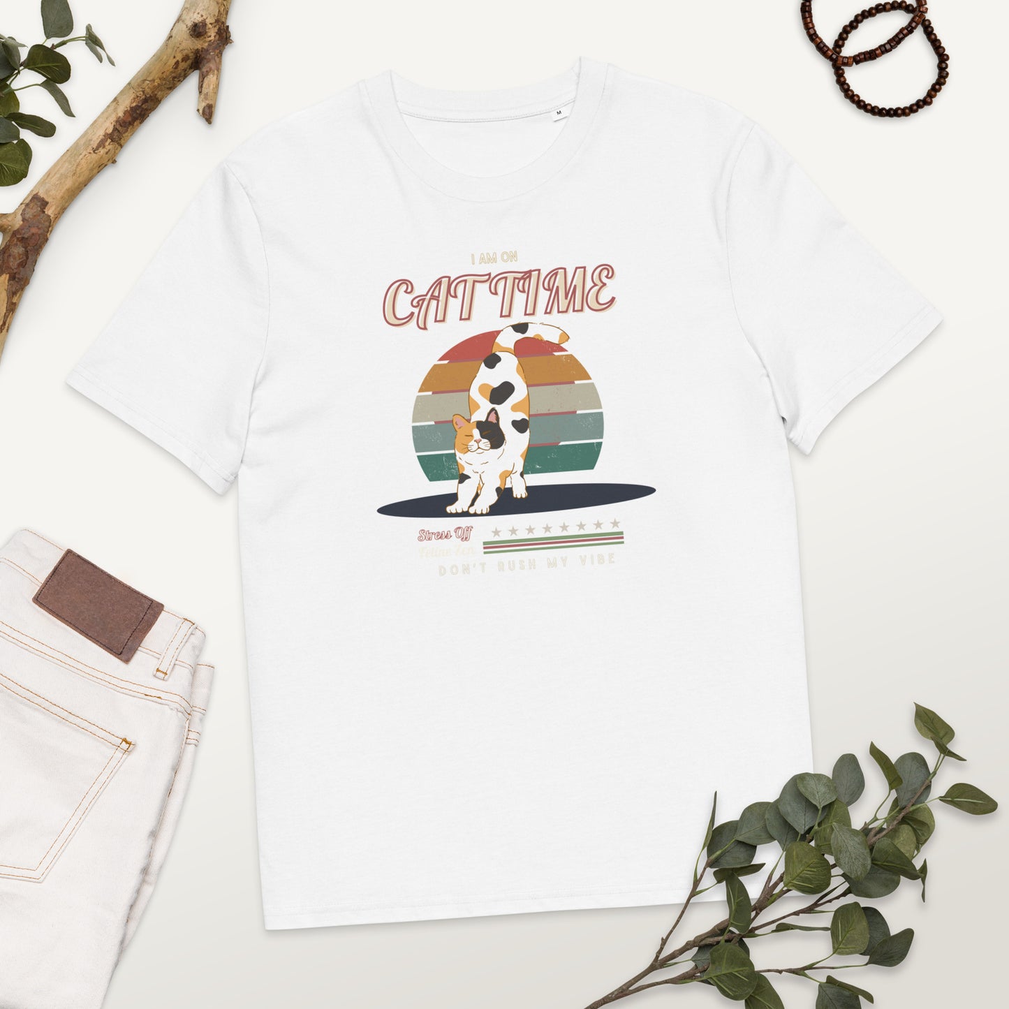 Vegan Organic Vintage Cat Tee - Feline Zen Quote - Fitz & Willow