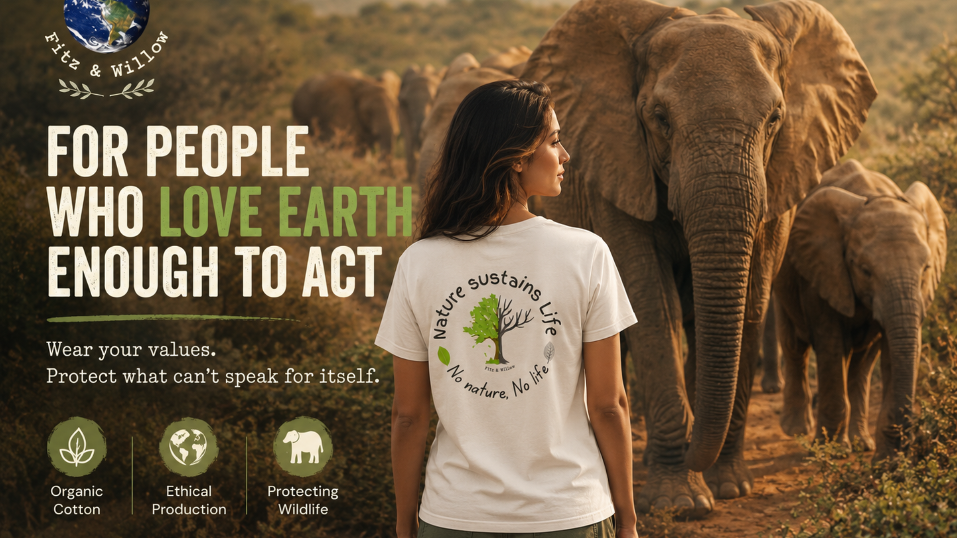 A woman stands in a savanna scene wearing a white T-shirt with a green and black environmental back graphic. Large text on the left reads 'FOR PEOPLE WHO LOVE EARTH ENOUGH TO ACT,' with smaller text about wearing values and protecting wildlife.
