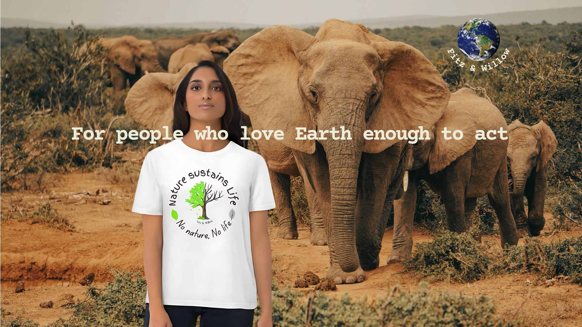A woman stands in front of a herd of elephants in a savanna landscape, wearing a white graphic T-shirt. The shirt has a green tree logo and the text 'Nature sustaining Life.