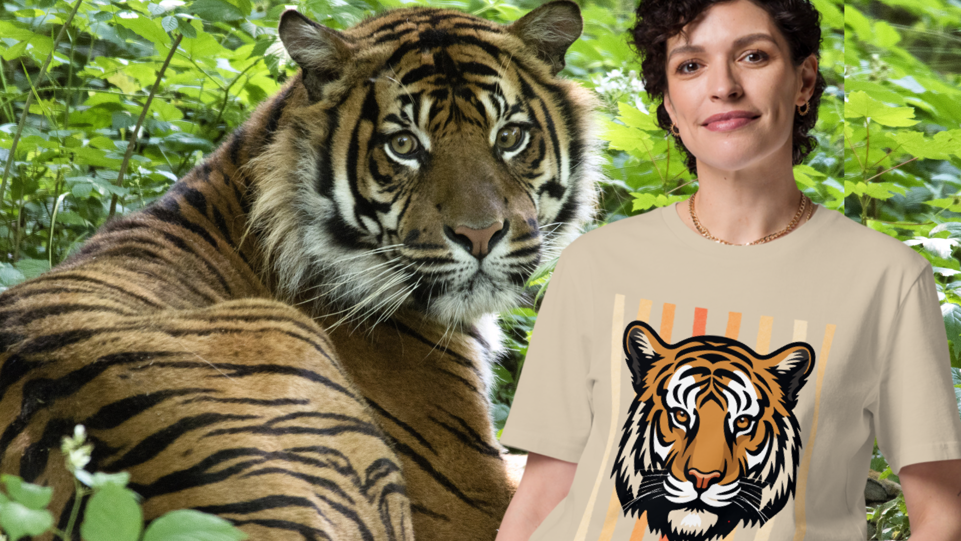 Person wearing a t-shirt with a tiger design, standing next to a real tiger in a forest setting.