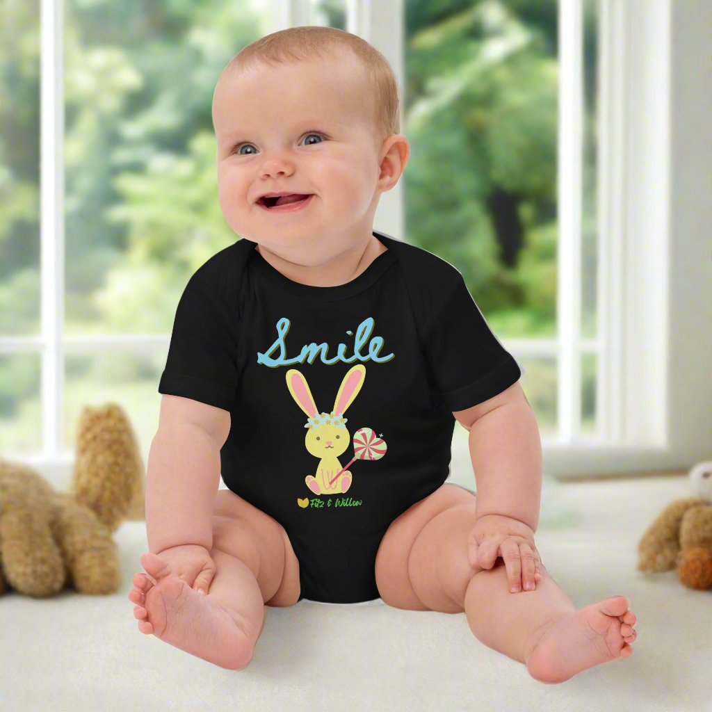 Organic cotton baby bodysuit, Bunny Smile - Fitz & Willow - Fitz & Willow