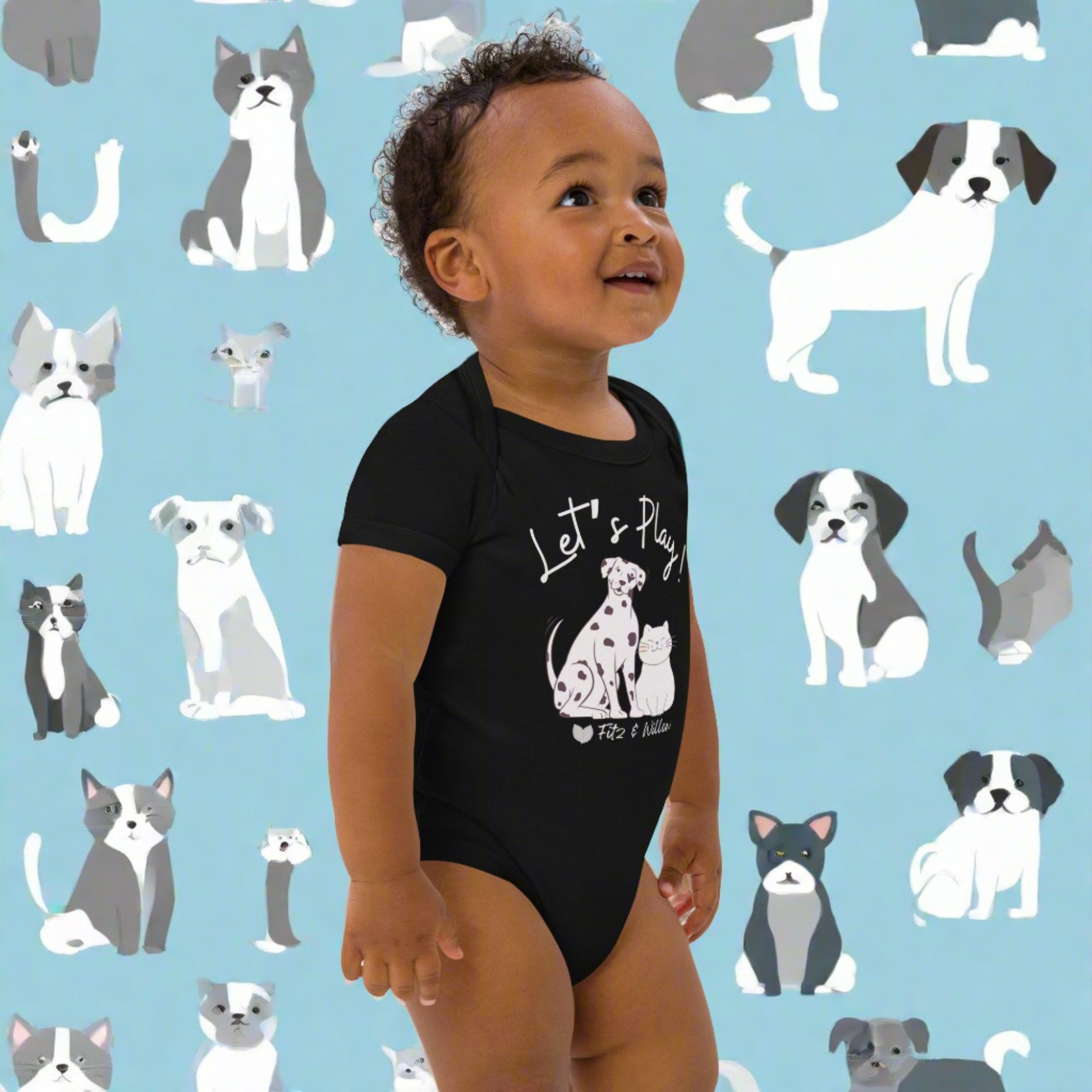 Organic cotton baby bodysuit,  Cat & Dog - Fitz & Willow