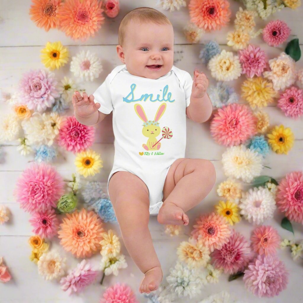 Organic cotton baby bodysuit, Bunny Smile - Fitz & Willow - Fitz & Willow