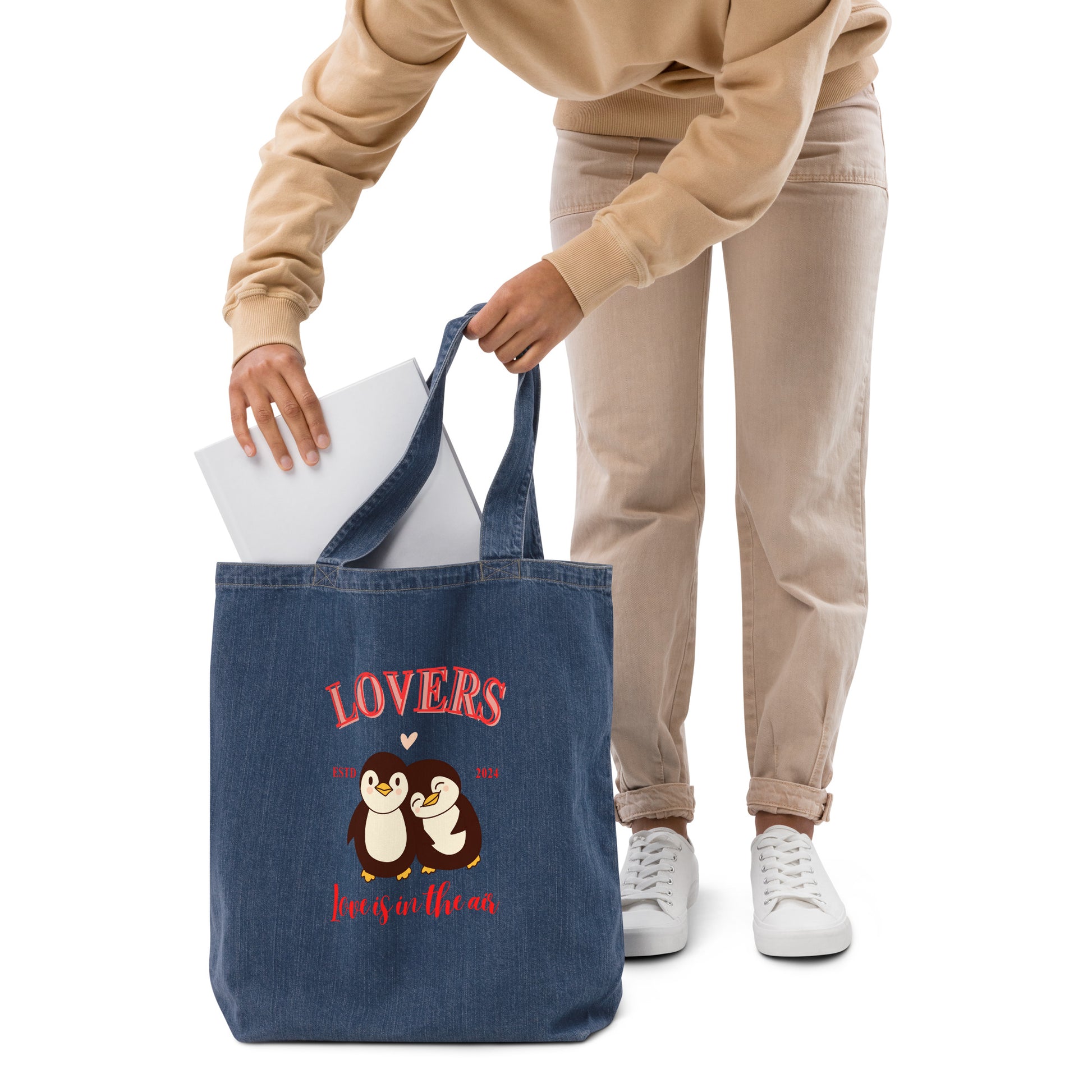 Penguin Love, Organic denim tote bag - Fitz & Willow