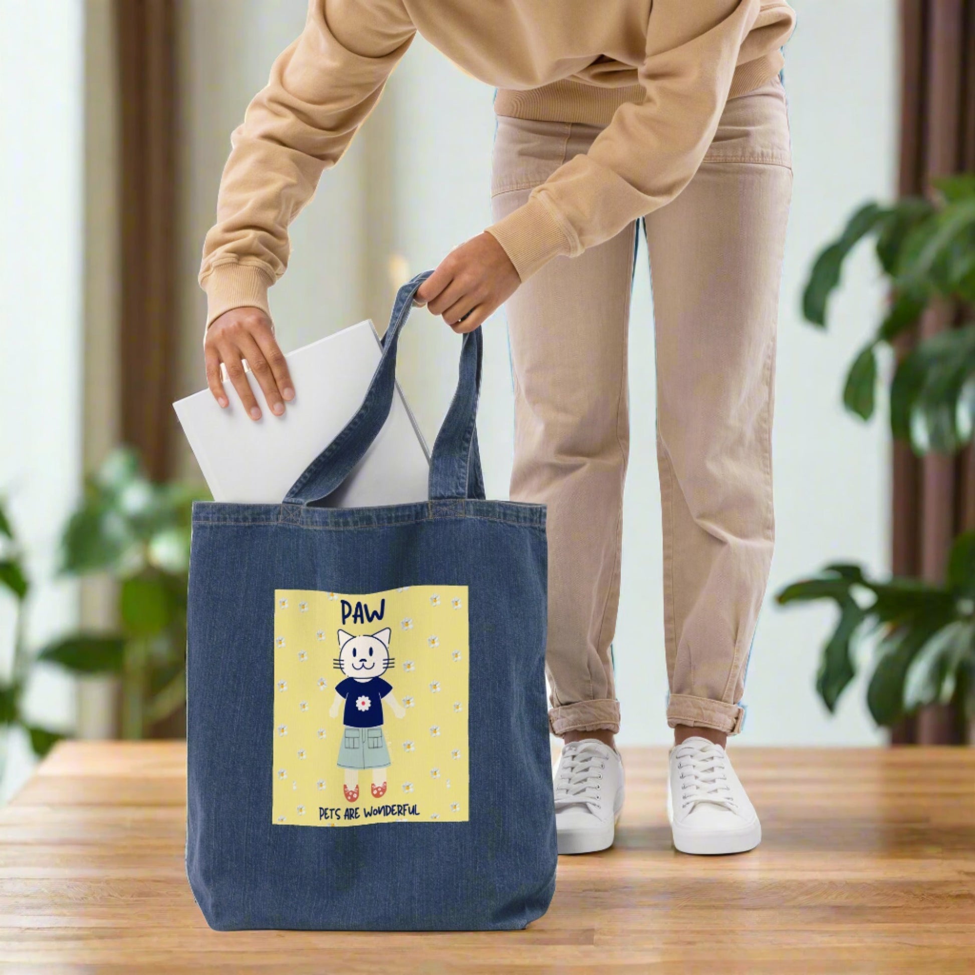 PAW, Cat themed organic denim tote bag - Fitz & Willow