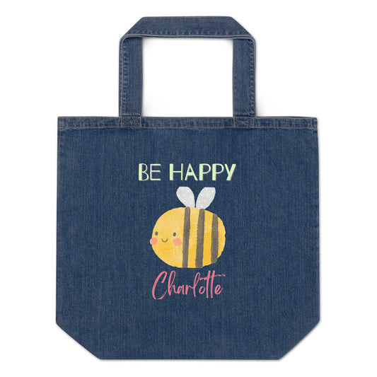 Organic denim tote bag, Be Happy - Fitz & Willow