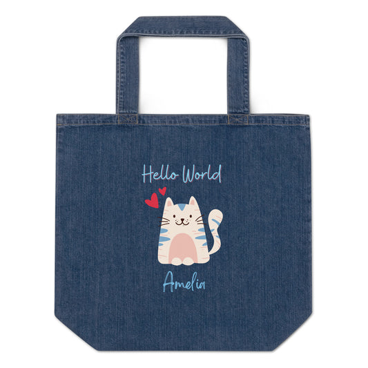 Organic denim tote bag, Hello World - Fitz & Willow