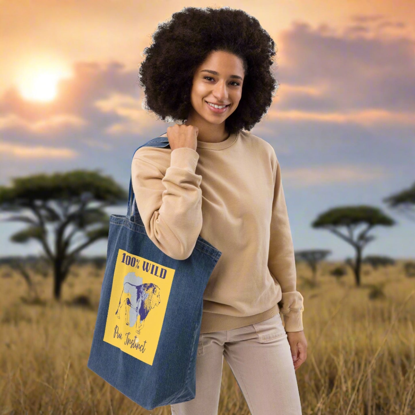 African lion, Sustainable denim tote bag - Fitz & Willow