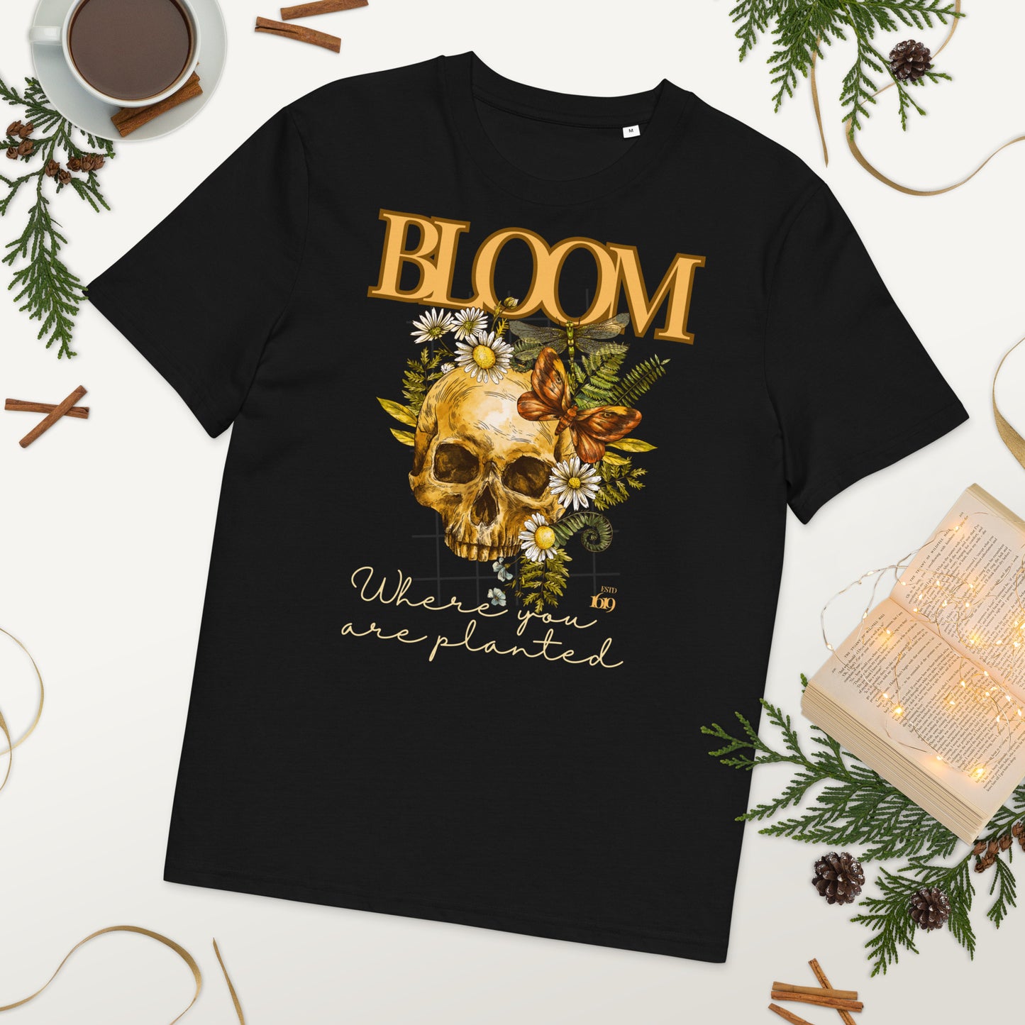 Vegan Halloween T-Shirt: Skull with flowers Design - Fitz & Willow