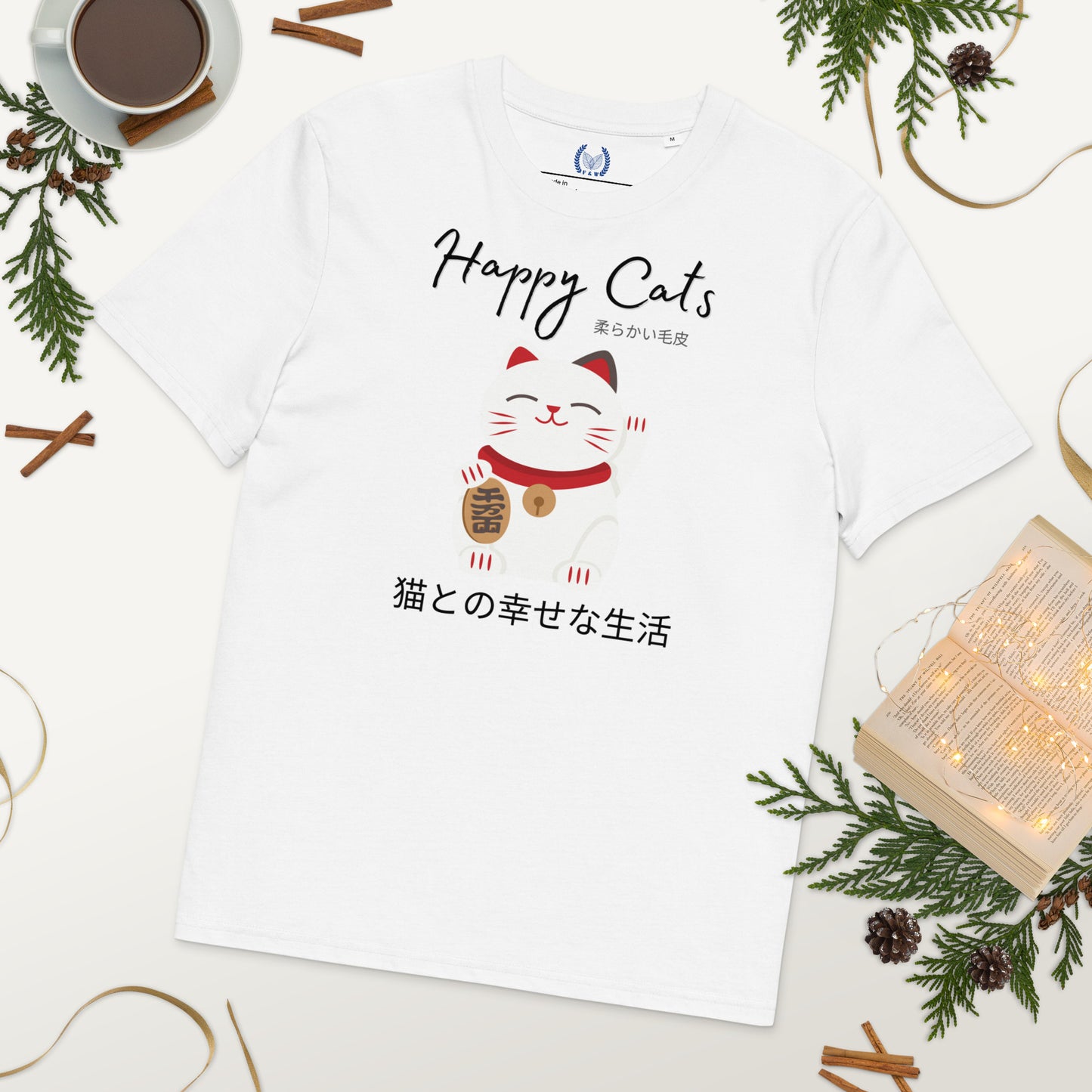 Vegan & Sustainable Cat-Themed T-Shirt with Chinese Lucky Cat Print – Eco-Friendly Cat Lover Tee - Fitz & Willow