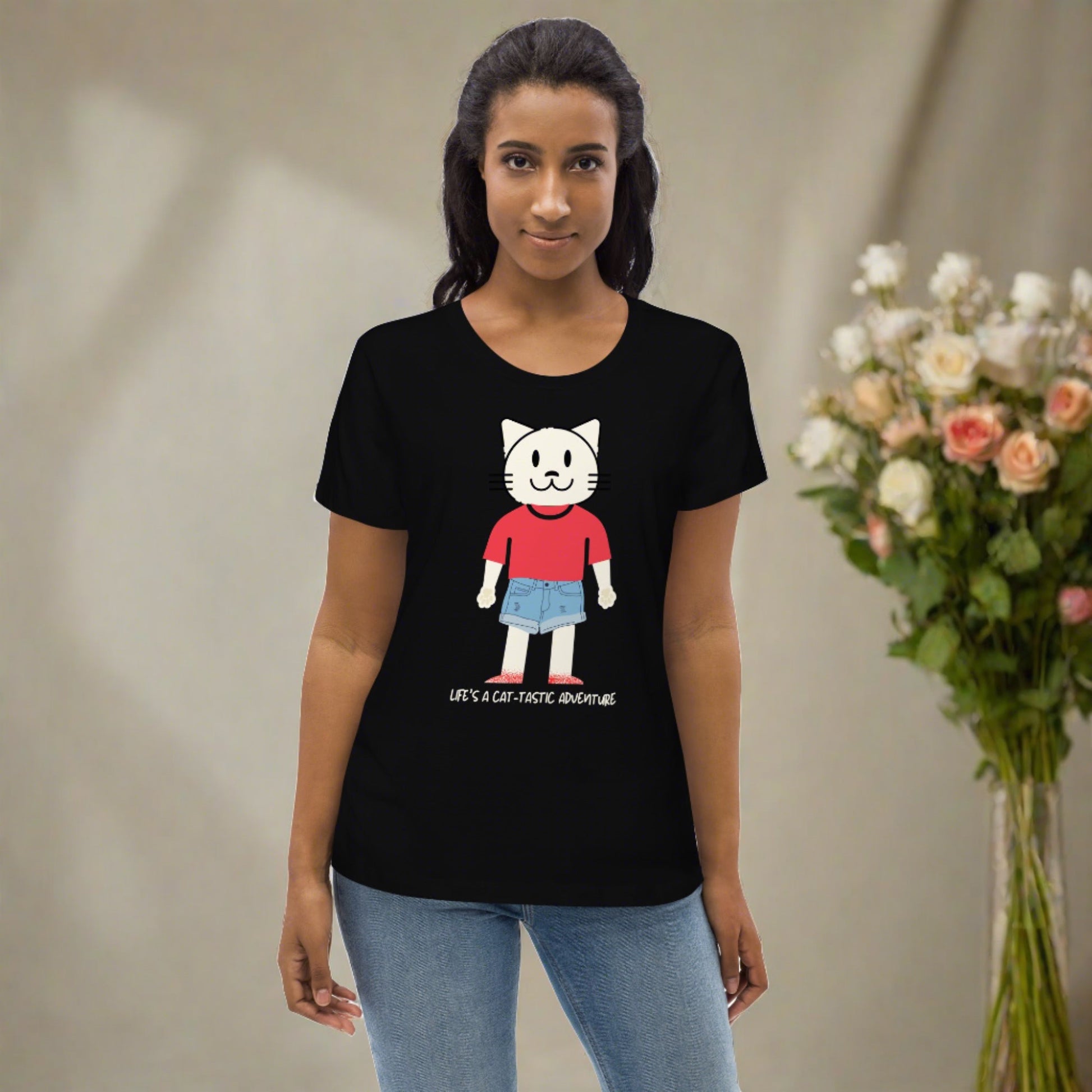 Cat-tastic, Women's fitted sustainable tee with cool cat print - Fitz & Willow