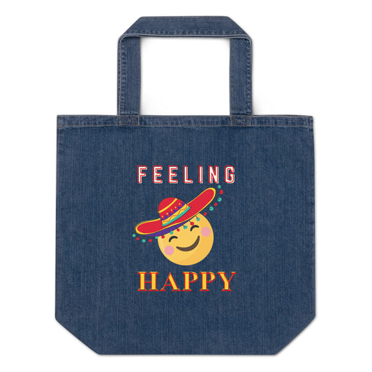 Organic denim tote bag, Feeling Happy - Fitz & Willow