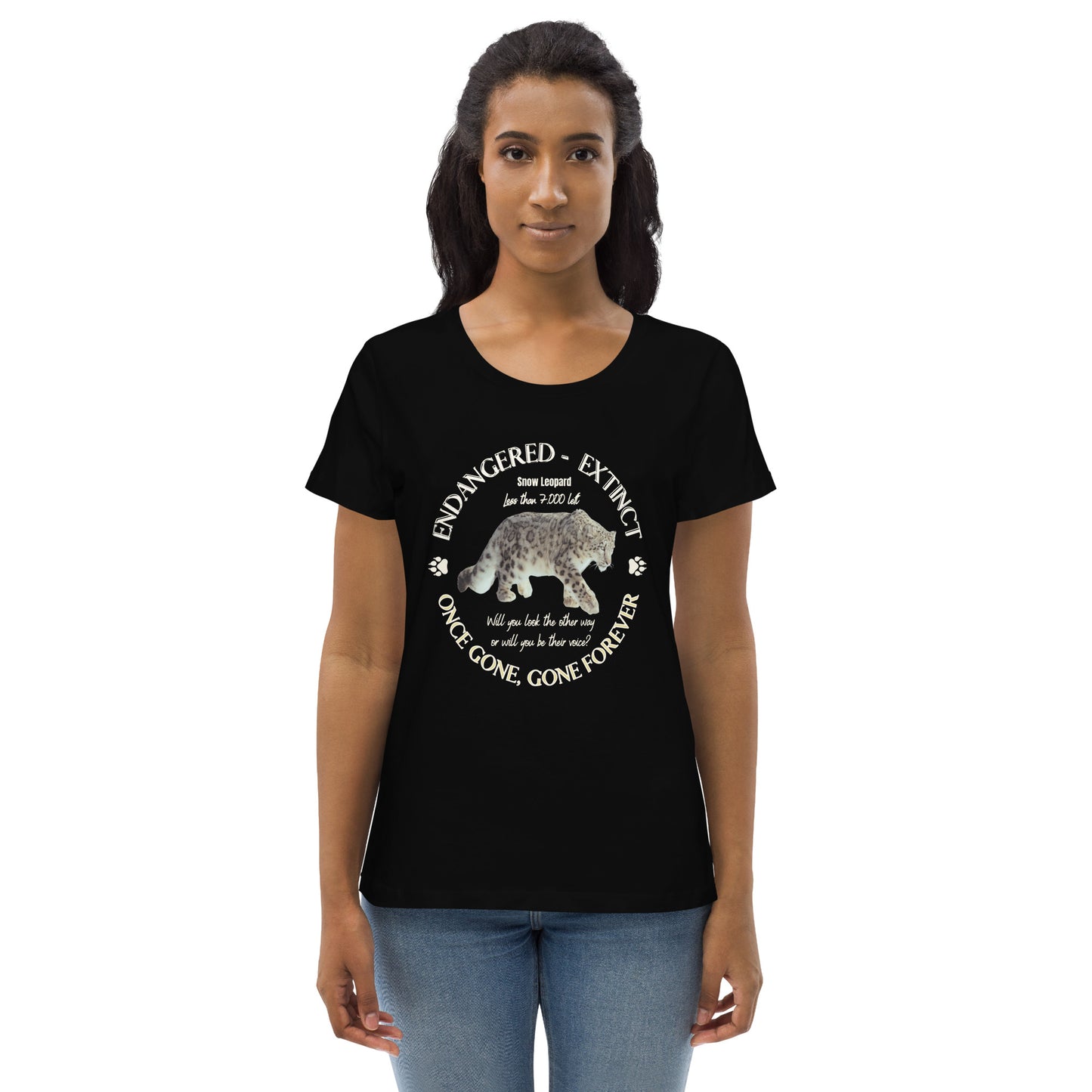 Women's fitted eco tee, Snow Leopard's Voices - Fitz & Willow